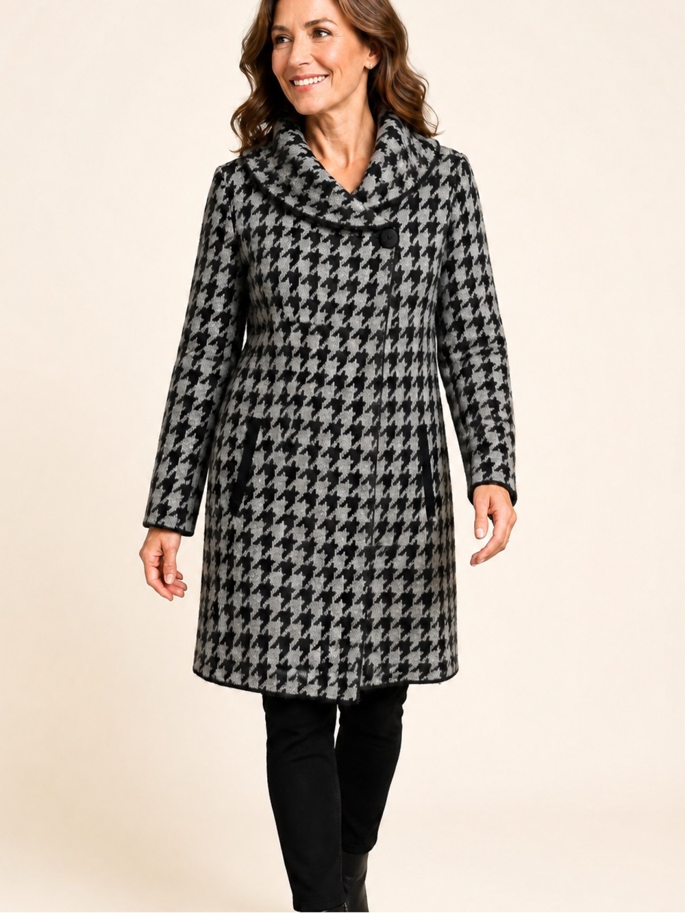 Tahari Houndstooth Wool Blend Long Coatigan Sweater Coat Cowl Neck Size M